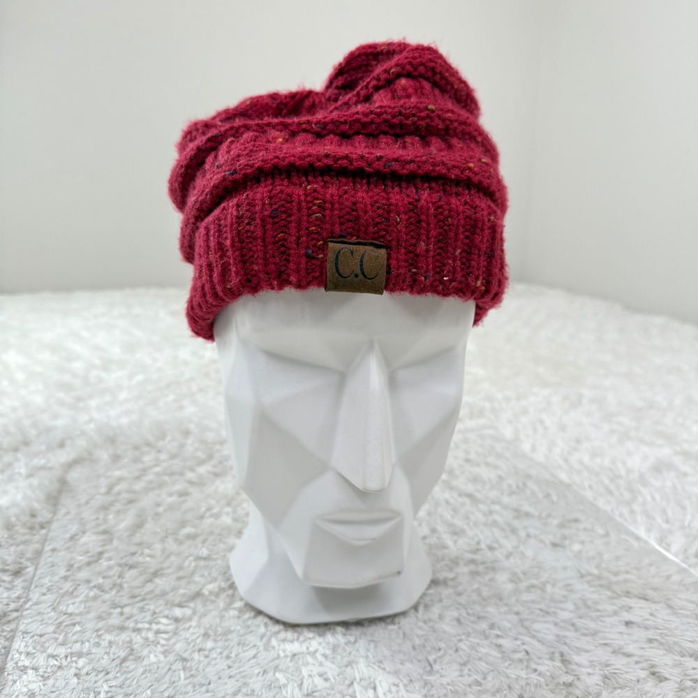 CC Beanie Hat Knit Winter Warm Cable Knit Cuffed Red Speckled Outdoors Boho